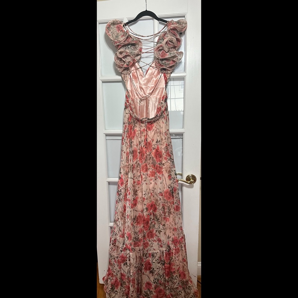Mac Duggal Pink Floral Rose Cut-Out Chiffon Gown STUNNING! - Picture 8 of 11